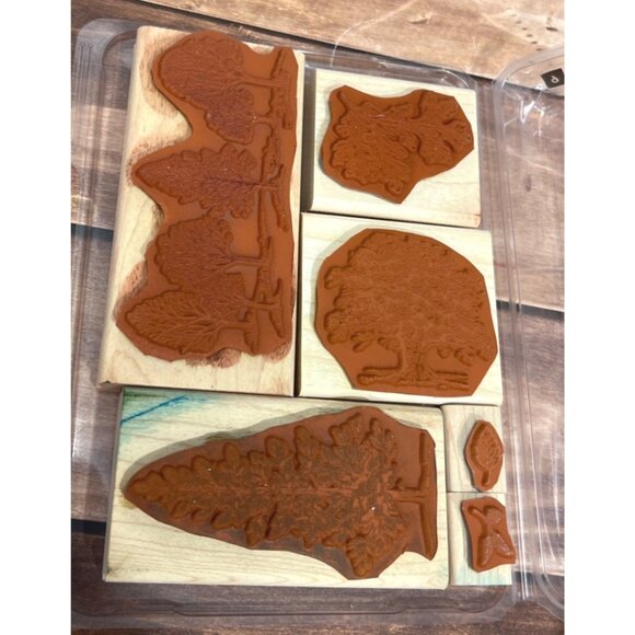 Stampin Up! Lovely As A Tree Wood-Mounted Rubber Stamp Set OF 6 LEAF ACORN PINE - Picture 5 of 5